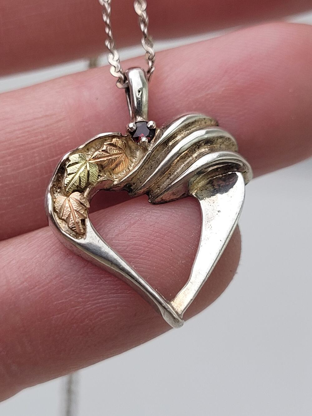 Vintage Garnet Black Hills Gold Sterling Silver Heart on 925 18" Chain